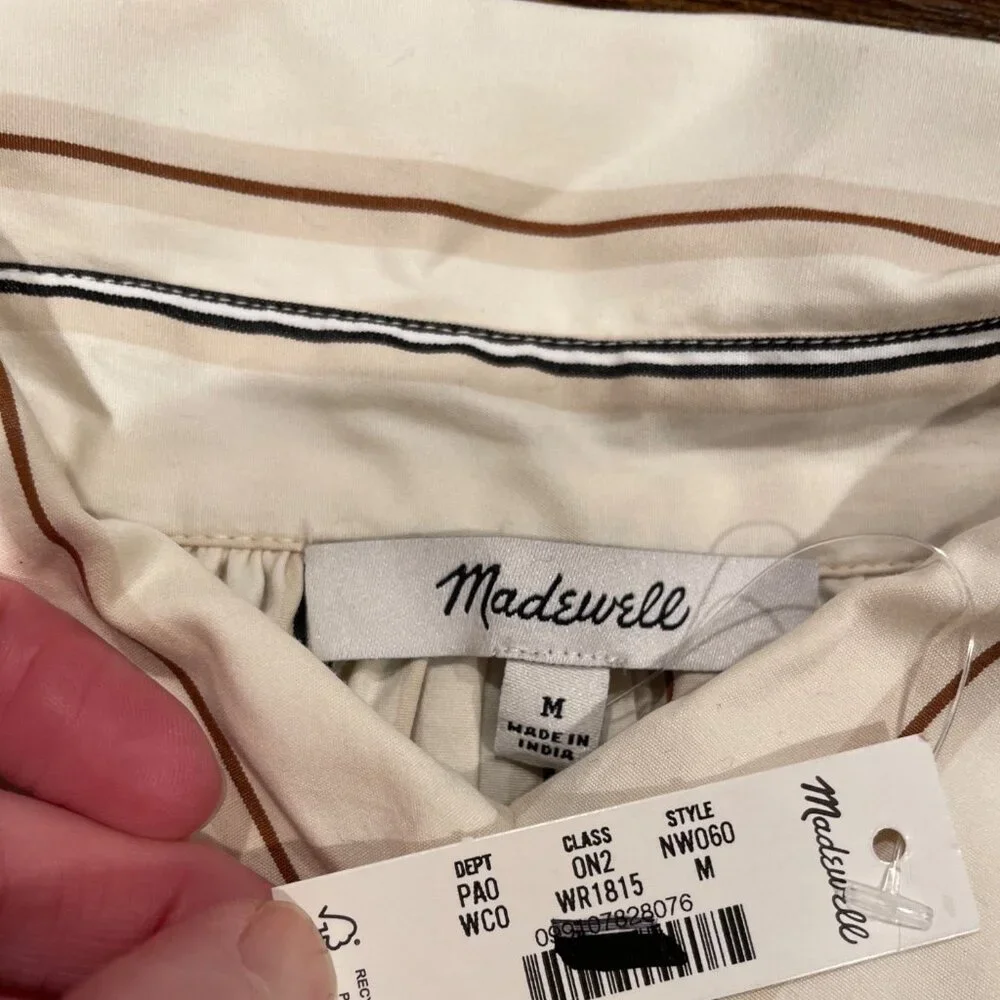 NWT Madewell Sz M Shirred Bubble-Sleeve Button-Up Shirt Poplin Coffee Tan Stripe - Picture 4 of 12